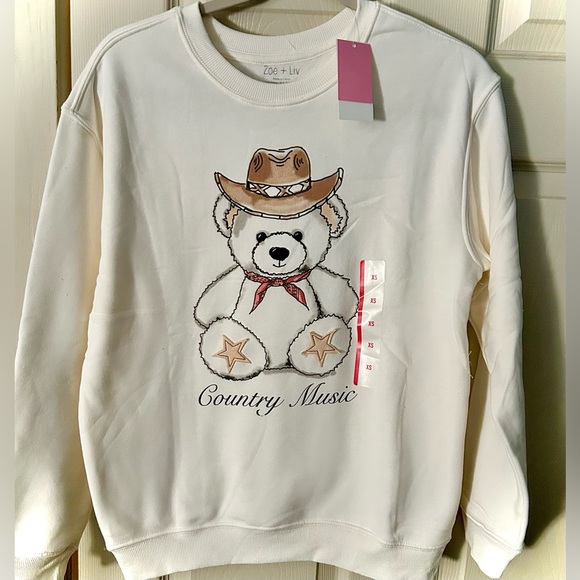 Country Music Bear crewneck sweatshirt XSM Juniors/women’s Zoe & Liv NWT - Picture 1 of 8